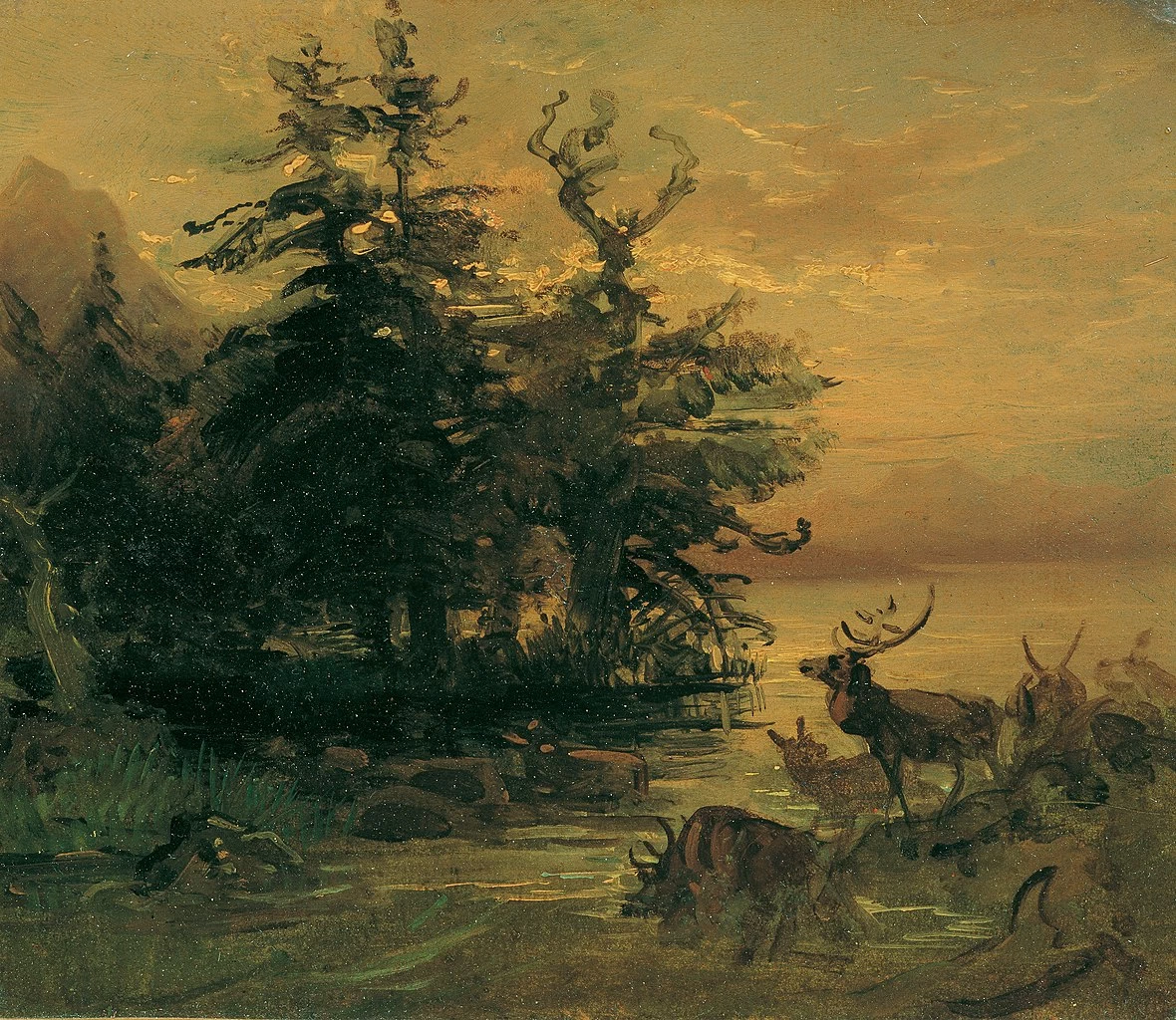 Cervi sguazzanti sulla riva di un lago di montagna - Österreichische Galerie Belvedere, Vienna